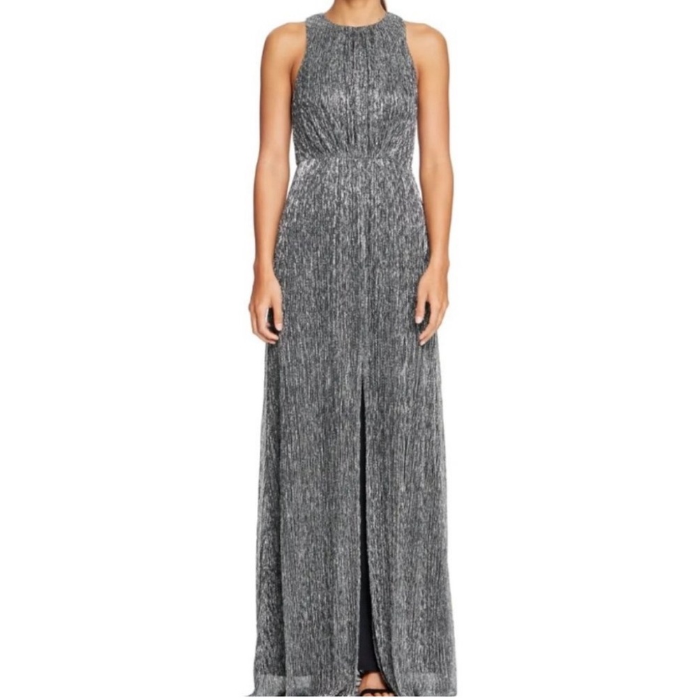 Halston Heritage SLEEVELESS METALLIC MESH GOWN IN ANTIQUE SILVER